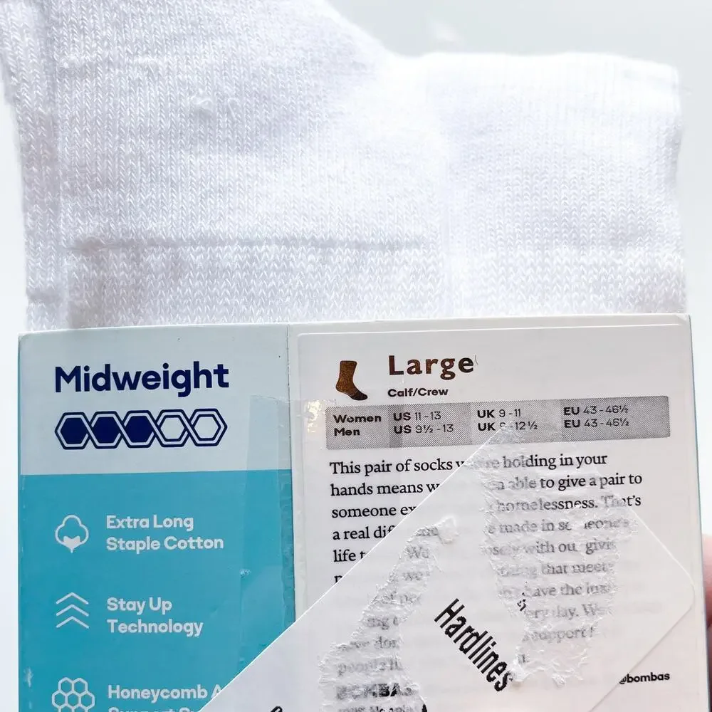 New Bombas White Midweight Calf/Crew Socks Size Large